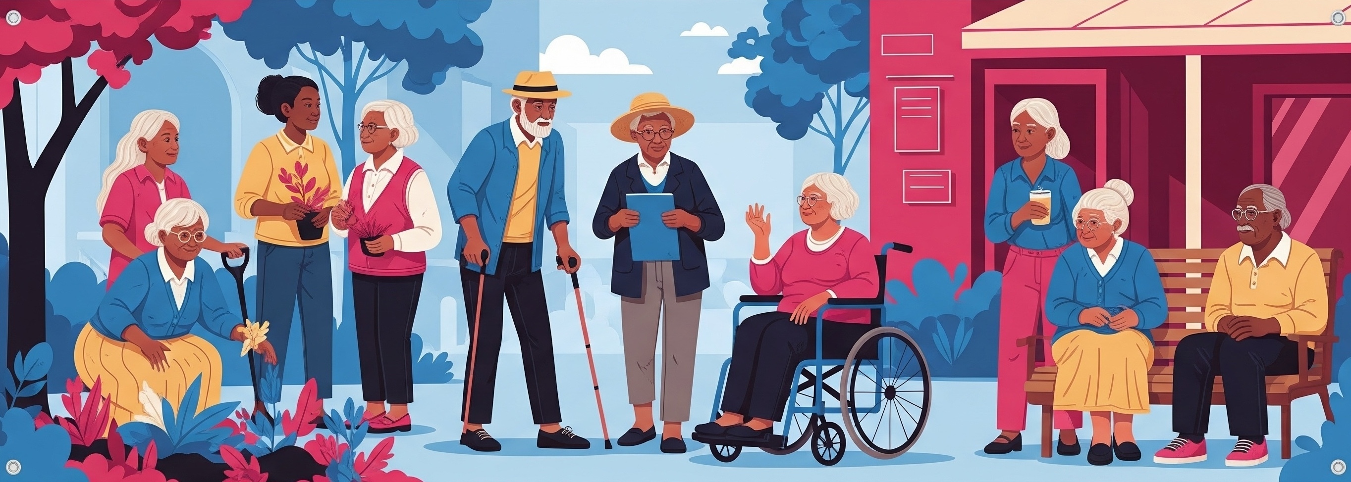 A diverse community of older people, carers and neighbours spending time together outdoors